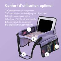 imoshion Table de voyage - Support de tablette voiture - 7 compartiments de rangement - Inclus 2 coloriages - Violet