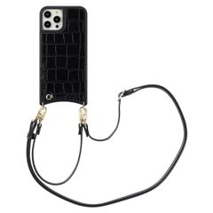 Selencia Coque de télephone Nova Croco avec cordon et porte-cartes Apple iPhone 12 (Pro) - Noir