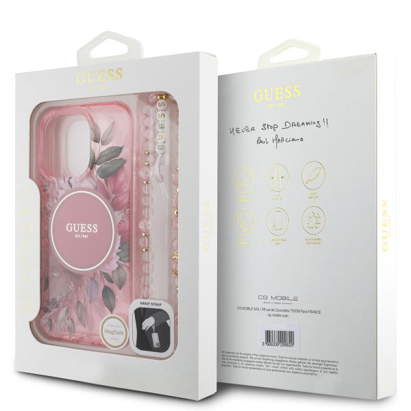 Guess MagSafe IML Flowers Case avec beads strap Apple iPhone 15 Pro - Pink