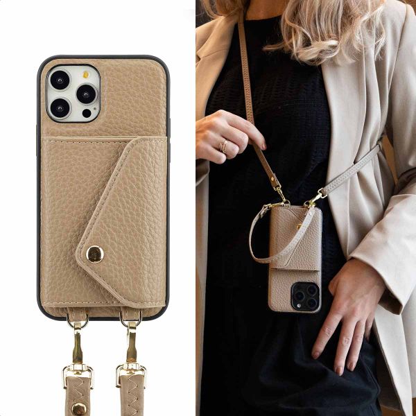 Selencia Coque de télephone Sera avec cordon et porte-cartes enveloppe Apple iPhone 12 (Pro) - Taupe