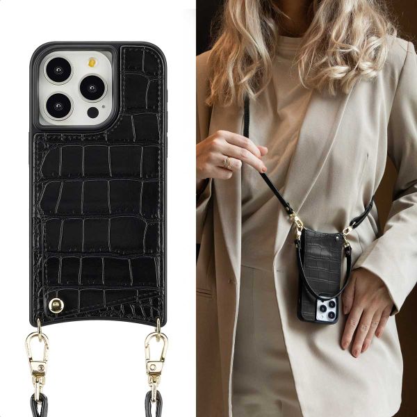 Selencia Coque de télephone Nova Croco avec cordon et porte-cartes Apple iPhone 15 Pro - Noir