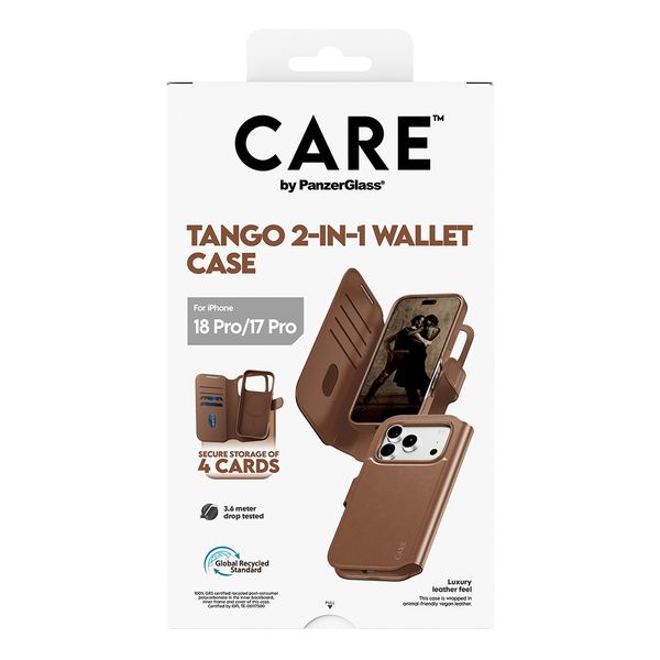 CARE by PanzerGlass Étui de télephone portefeuille Tango 2 en 1 avec MagSafe Apple iPhone 18 Pro / 17 Pro - Marron
