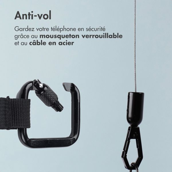 imoshion Cordon rétractable avec mousqueton et patch pour téléphone - Cordon de téléphone anti-vol - Noir