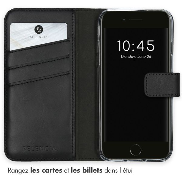 Selencia Étui portefeuille en cuir véritable Apple iPhone SE (2022 / 2020) / 8 / 7 / 6(s) - Noir