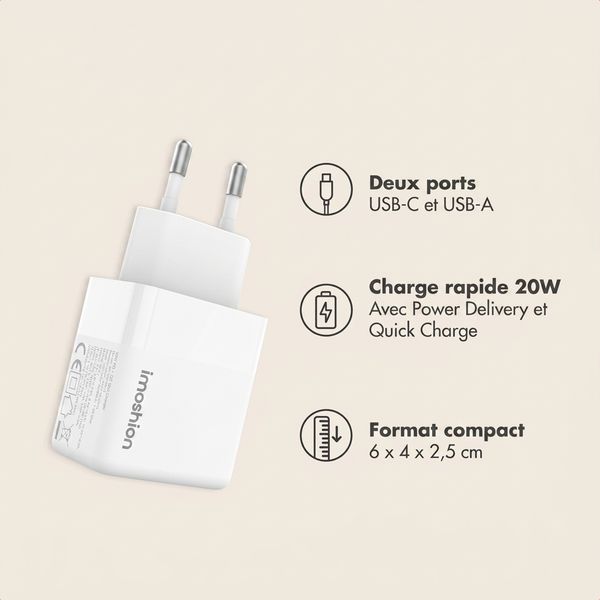 imoshion Wall Charger - Chargeur - Connexion USB-C et USB - Power Delivery - 20 Watt - Blanc