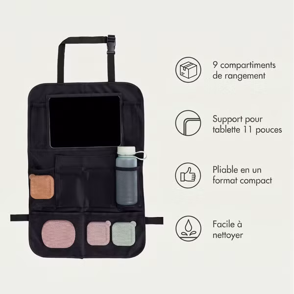 imoshion Organisateur de Siège de Voiture pour enfants - 9 compartiments - Inclut un support pour tablette - Lot de deux - Noir