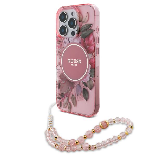 Guess MagSafe IML Flowers Case avec beads strap Apple iPhone 15 Pro Max - Pink