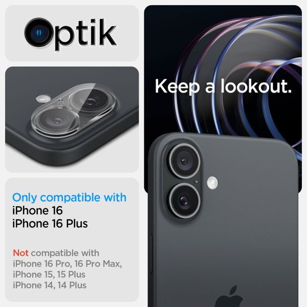 Spigen Optik Lens Protector - Protection complète de la caméra (lot de 2) Apple iPhone 16 / 16 Plus - Crystal Clear