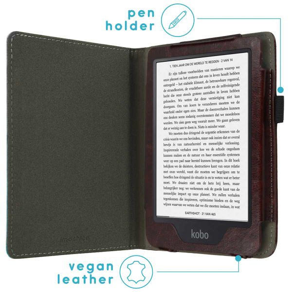 imoshion Étui de liseuse portefeuille en cuir végan Kobo Clara 2E / Tolino Shine 4 - Marron foncé