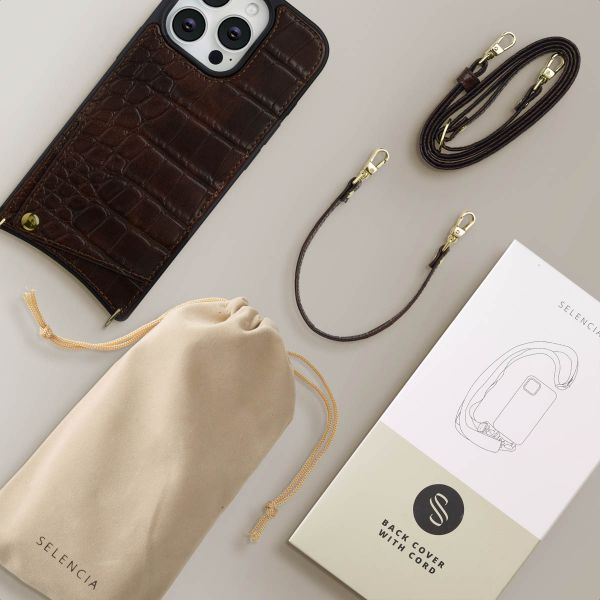 Selencia Coque de télephone Nova Croco avec cordon et porte-cartes Apple iPhone 16 Pro - Choco Brown