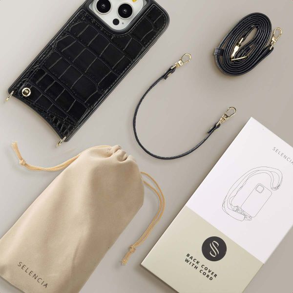Selencia Coque de télephone Nova Croco avec cordon et porte-cartes Apple iPhone 15 Pro - Noir
