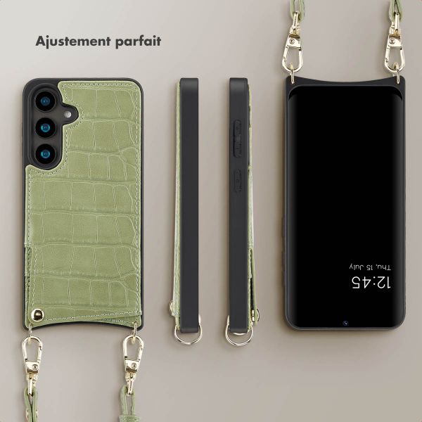Selencia Coque de télephone Nova Croco avec cordon et porte-cartes Samsung Galaxy S24 - Sage Green