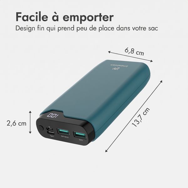 imoshion Batterie externe 20 000 mAh - Chargeur rapide 22,5 W - USB-C / USB-A - Vert pétrole