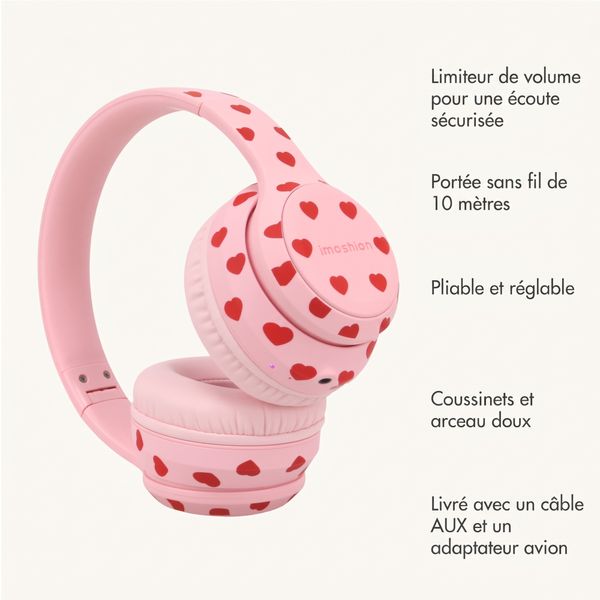 imoshion Casque sans fil pour enfants LED Light - Limiteur de décibels - Avec câble AUX - Cœurs