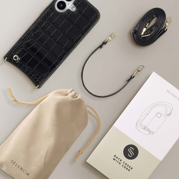 Selencia Coque de télephone Nova Croco avec cordon et porte-cartes Apple iPhone 16 - Noir