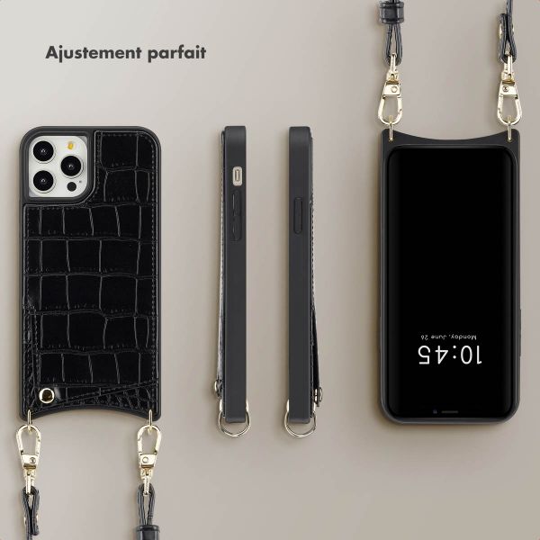 Selencia Coque de télephone Nova Croco avec cordon et porte-cartes Apple iPhone 12 (Pro) - Noir