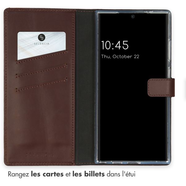 Selencia Étui portefeuille en cuir véritable Samsung Galaxy S24 Ultra - Marron foncé