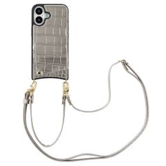Selencia Coque de télephone Nova Croco avec cordon et porte-cartes Apple iPhone 16 - Argent