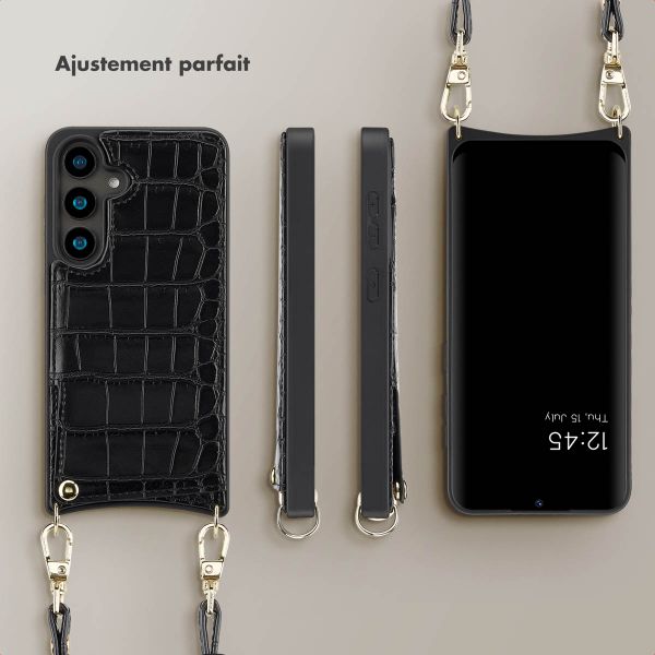 Selencia Coque de télephone Nova Croco avec cordon et porte-cartes Samsung Galaxy S24 - Noir