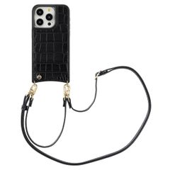 Selencia Coque de télephone Nova Croco avec cordon et porte-cartes Apple iPhone 15 Pro - Noir