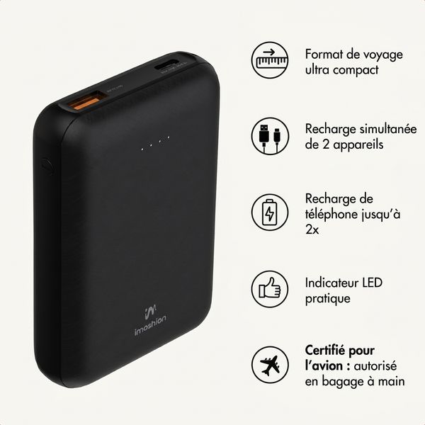 imoshion Batterie externe compacte 10.000 mAh - Petite batterie externe - Chargeur rapide 22,5 W - USB-C / USB-A - Noir