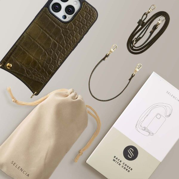 Selencia Coque de télephone Nova Croco avec cordon et porte-cartes Apple iPhone 16 Pro - Dark Olive