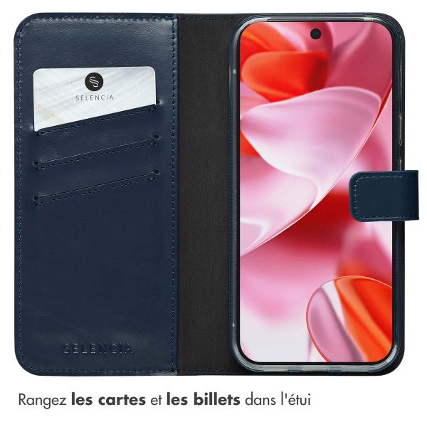 Selencia Étui portefeuille en cuir véritable Google Pixel 10 / 10 Pro - Bleu