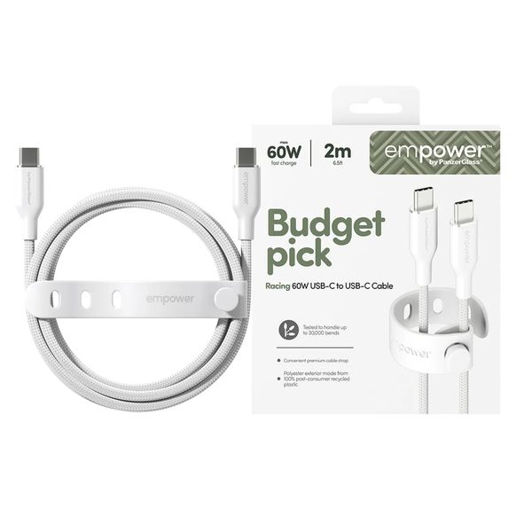 Empower by PanzerGlass Câble de recharge Racing USB-C vers USB-C - 60 W - 2 mètres - Silver White