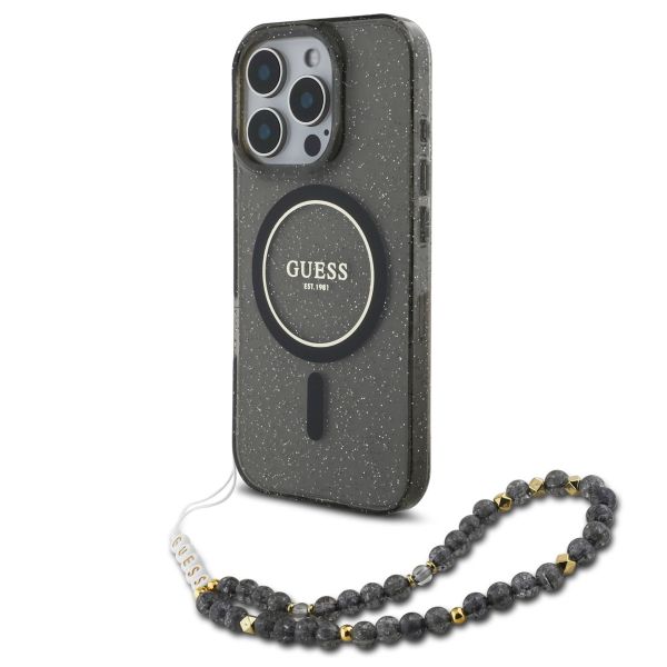 Guess MagSafe IML Glitter Case avec beads strap Apple iPhone 16 Pro Max - Noir