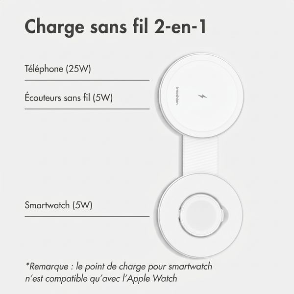 imoshion Chargeur de voyage sans fil 2-en-1 25 W - iPhone / AirPods / Apple Watch - Qi2.2 - Blanc