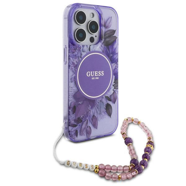 Guess MagSafe IML Flowers Case avec beads strap Apple iPhone 15 Pro Max - Purple