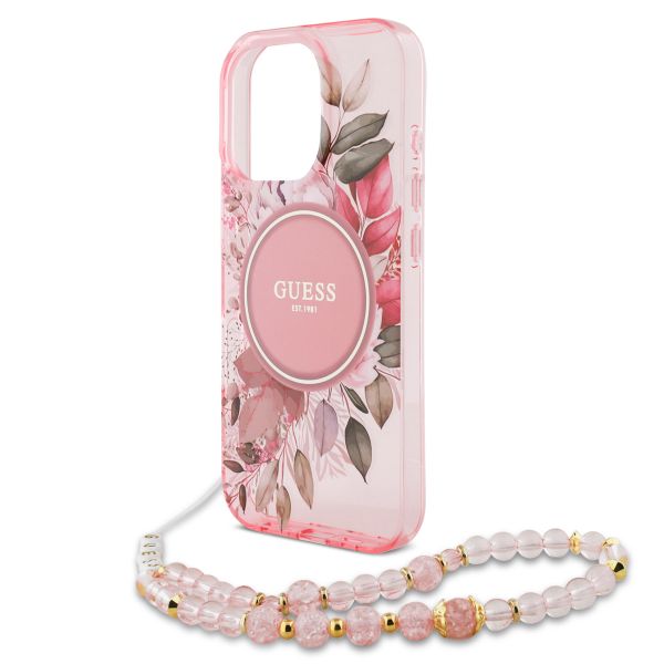 Guess MagSafe IML Flowers Case avec beads strap Apple iPhone 15 Pro - Pink