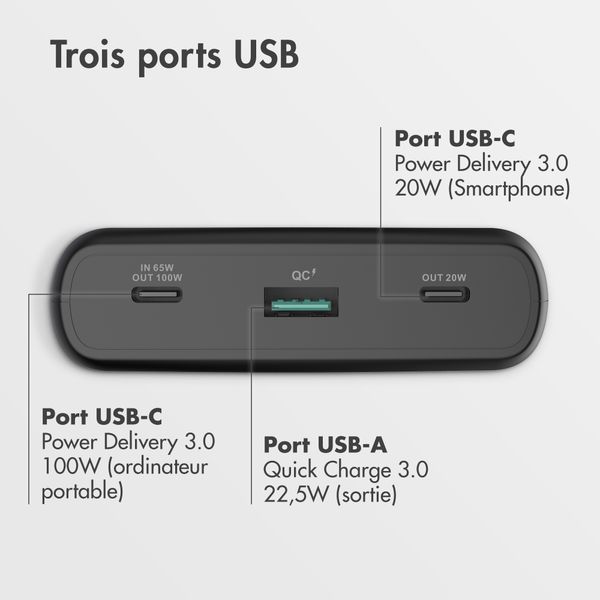 imoshion Powerbank 20 000 mAh - Quick Charge et Power Delivery - 100W - Noir