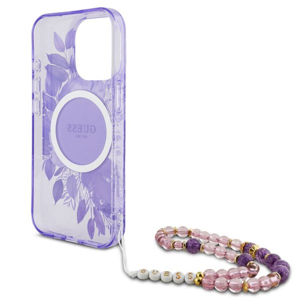 Guess MagSafe IML Flowers Case avec beads strap Apple iPhone 15 Pro Max - Purple