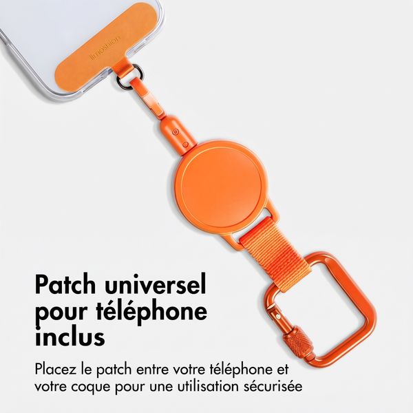 imoshion Cordon rétractable avec mousqueton et patch pour téléphone - Cordon de téléphone anti-vol - Orange