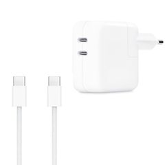 Apple Adaptateur secteur double USB-C d'origine 35 W + câble de recharge USB-C vers USB-C d'origine 60 W - 1 mètre - Blanc