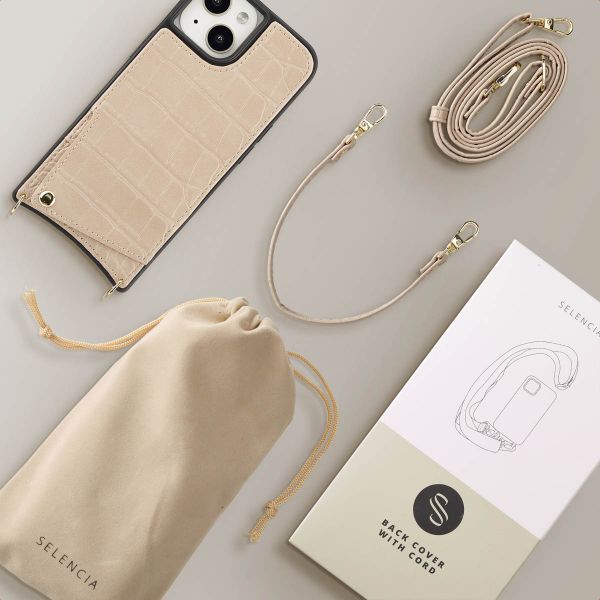 Selencia Coque de télephone Nova Croco avec cordon et porte-cartes Apple iPhone 15 - Beige