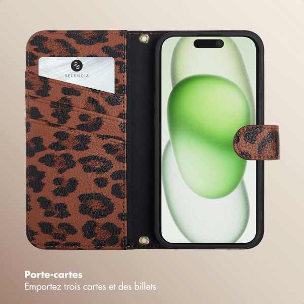 Selencia Étui de télephone portefeuille imprimé léopard Sabi Apple iPhone 15 - Mocha Brown