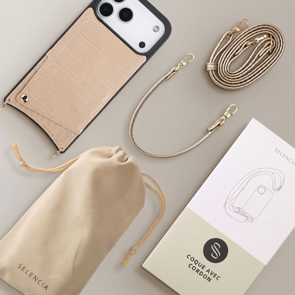 Selencia Coque de télephone Nova Croco avec cordon et porte-cartes Apple iPhone 18 Pro / 17 Pro - Beige