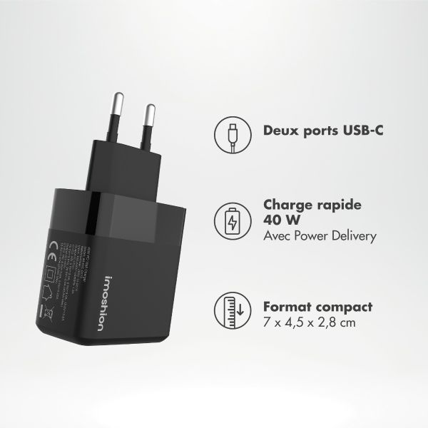 imoshion Adapteur secteur - Chargeur - 2 ports USB-C 40 W + câble tressé USB-C vers USB-C 100 W - 1 mètre - Noir
