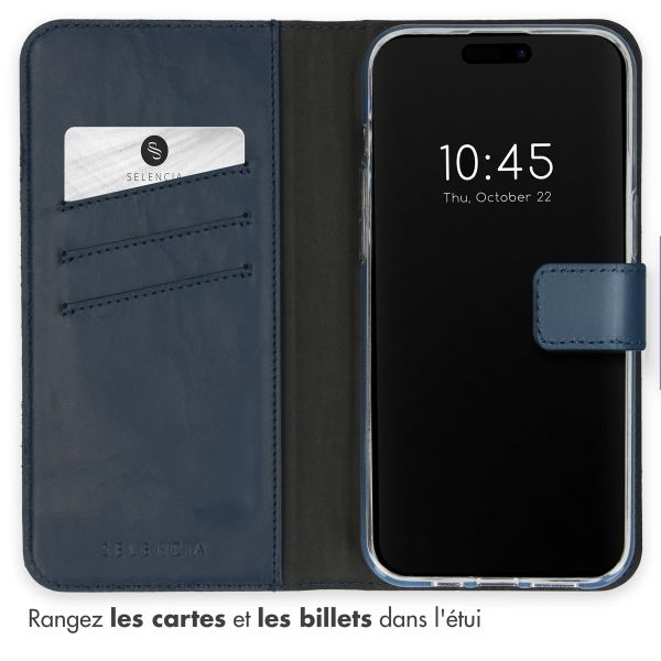 Selencia Étui portefeuille en cuir véritable Apple iPhone 15 Pro - Bleu