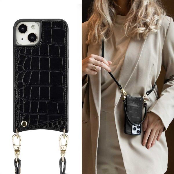 Selencia Coque de télephone Nova Croco avec cordon et porte-cartes Apple iPhone 13 - Noir