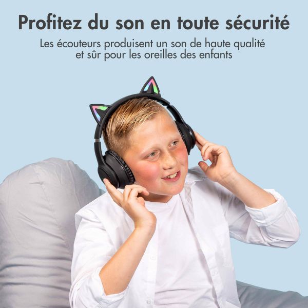imoshion Casque sans fil pour enfants LED Light Cat Ear - Limiteur de décibels - Avec câble AUX - Noir