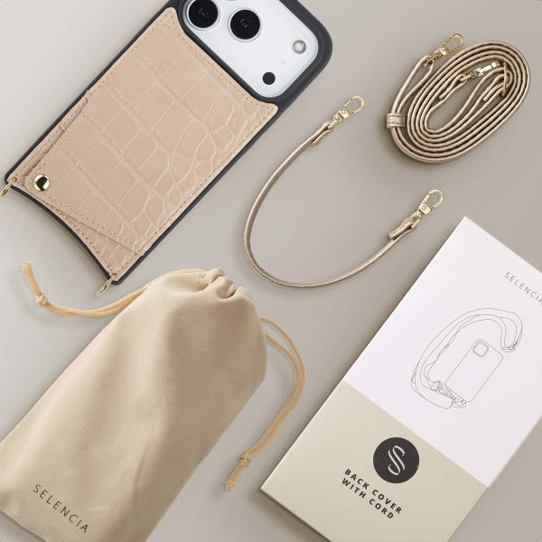 Selencia Coque de télephone Nova Croco avec cordon et porte-cartes Apple iPhone 17 Pro - Beige