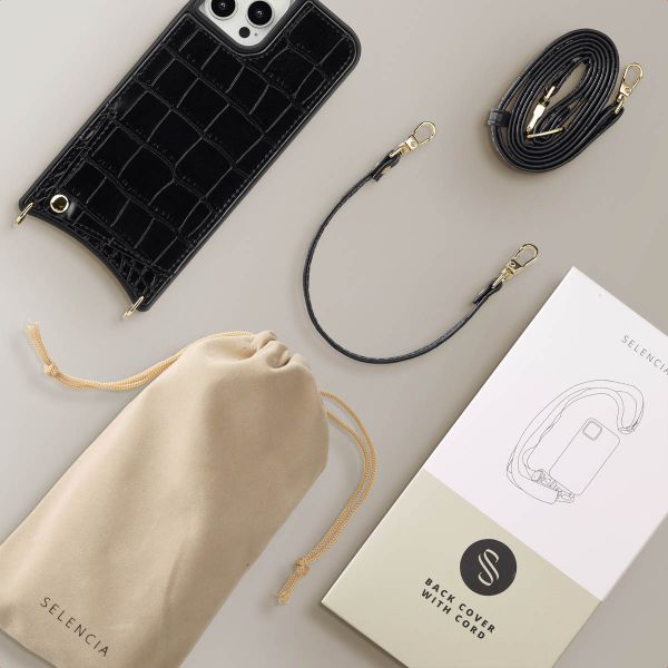 Selencia Coque de télephone Nova Croco avec cordon et porte-cartes Apple iPhone 12 (Pro) - Noir