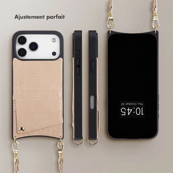 Selencia Coque de télephone Nova Croco avec cordon et porte-cartes Apple iPhone 18 Pro Max / 17 Pro Max - Beige