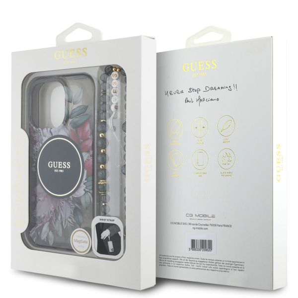 Guess MagSafe IML Flowers Case avec beads strap Apple iPhone 15 Pro - Noir