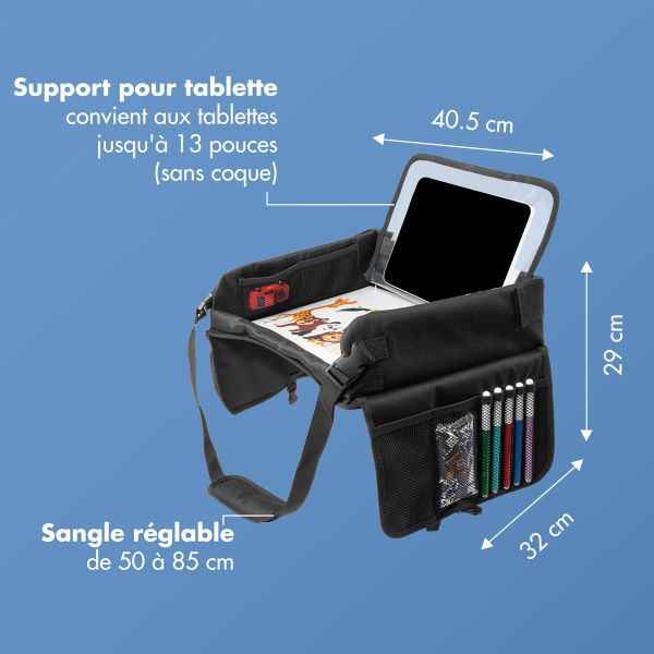 imoshion Table de voyage - Support de tablette voiture - 7 compartiments de rangement - Inclus 2 coloriages - Noir