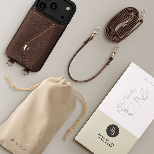 Selencia Coque de télephone Sera avec cordon et porte-cartes enveloppe Apple iPhone 18 Pro / 17 Pro - Chocolate Brown