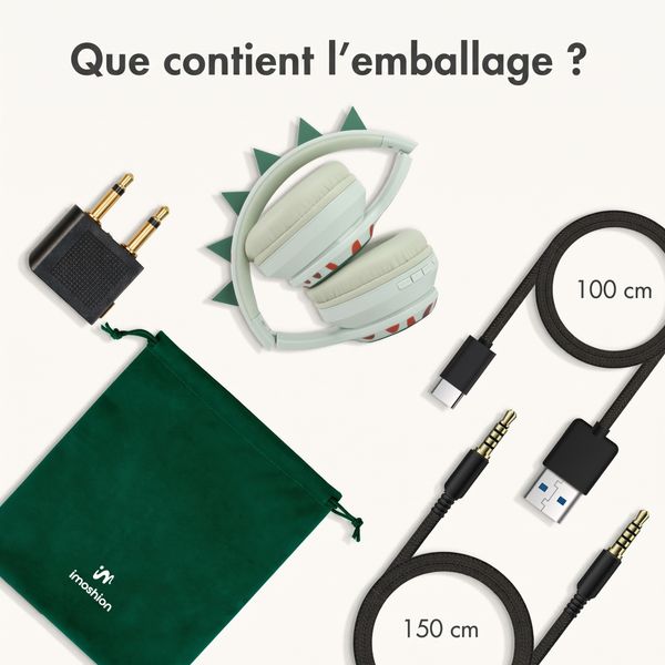 imoshion Casque sans fil pour enfants Dino LED Light - Limiteur de décibels - Avec câble AUX - Brown / Orange